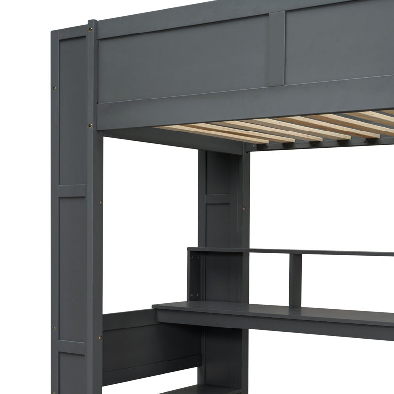 Lit mezzanine simple avec bureau en bois et rangement multiple, DEL, station de charge - bureau gris foncé, DEL