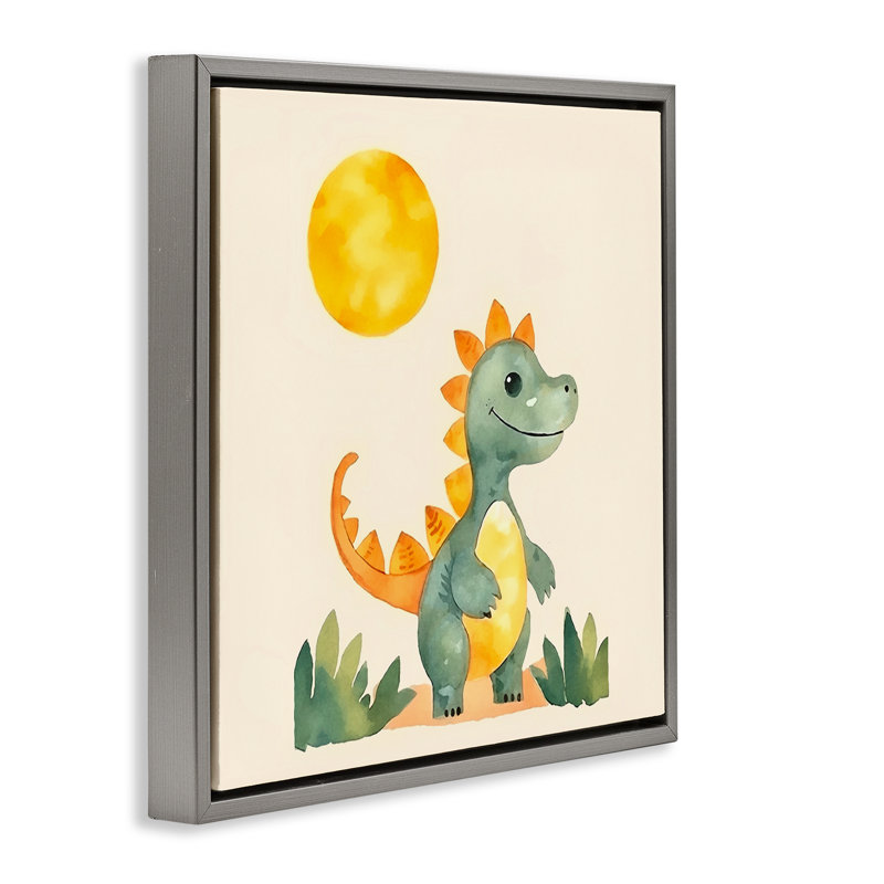 «Happy Dinosaur & Sun», art mural encadré flottant par Andrea Haase, Gris, H 25 po x l 25 po