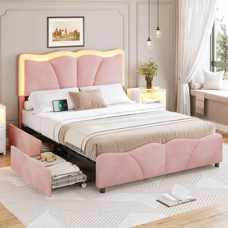 Velvet Upholstered Platform Bed Frame with Height Adjustable Headboard, Full/Double, Pink
