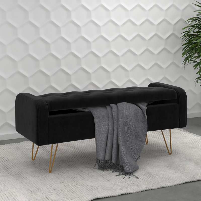 Repose-pieds de rangement rectangulaire en velours avec rangement 39,5 po, Velours noir, Or