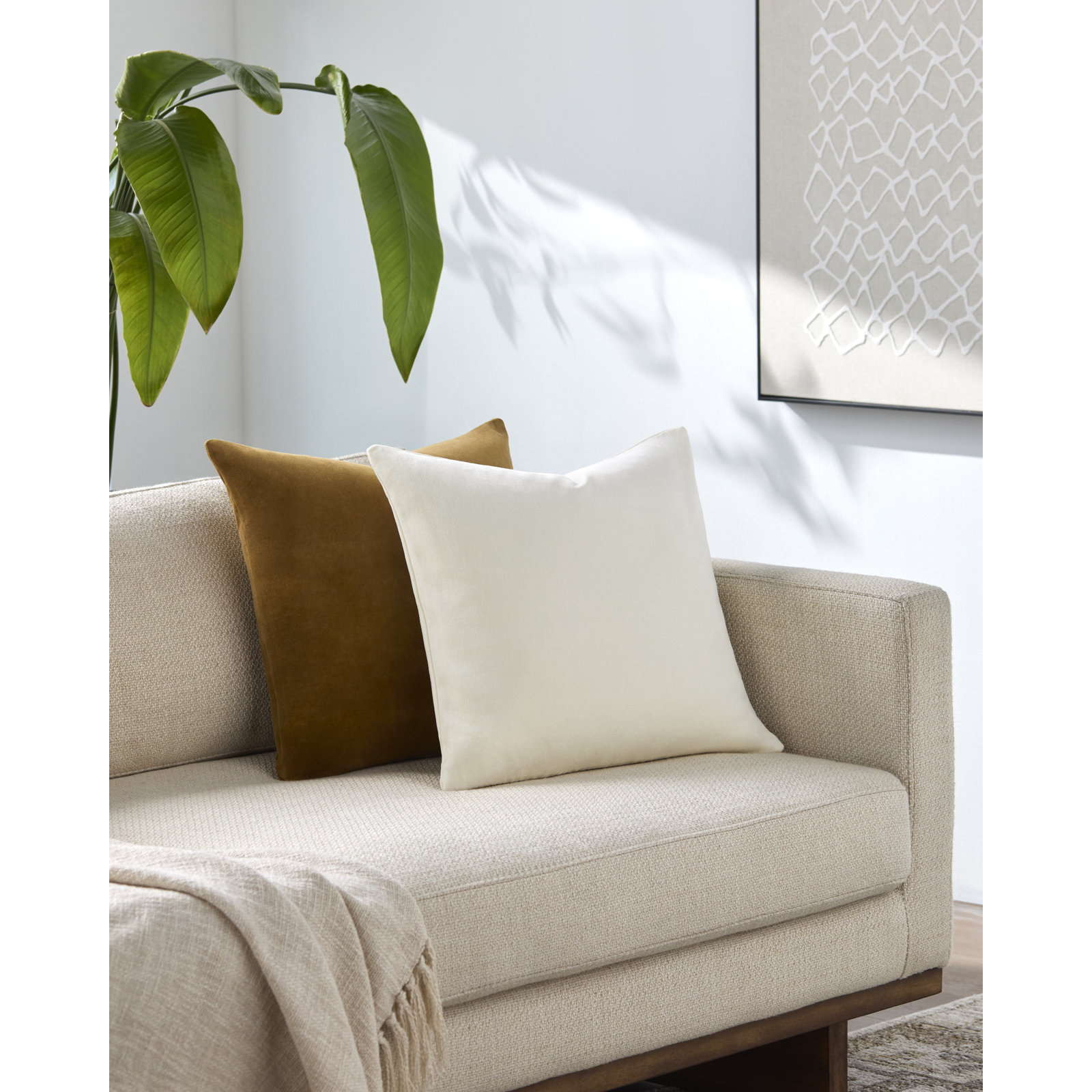 Denny Velvet Throw Pillow , Duck Down, Square 18", White