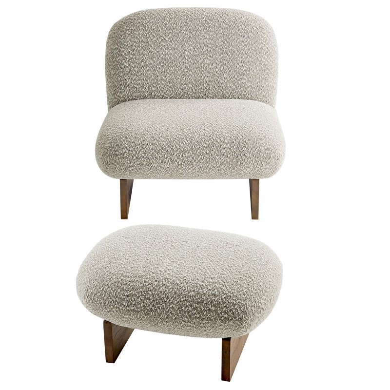 Loyal Boucle Fabric Accent Chair And Ottoman Set, Walnut, River Rock Fabric