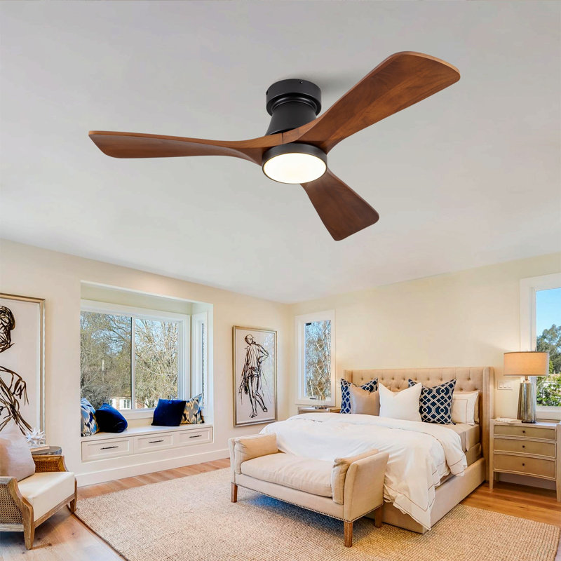 Ventilateur de plafond encastré noir de 42 pouces avec lumière: DEL à intensité variable (3 couleurs), moteur à courant continu réversible intérieur / extérieur, 3 pales en bois massif pour la chambre à coucher, patio.