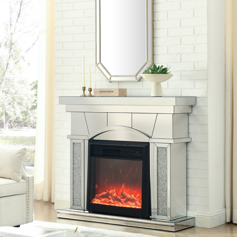 Acrylic Mirror Fireplace, Electric Heating With 3D Flames, Remote Control, Measures, Energy Saving, Black Portable For Office Artificial Crystals Fireplace Cabinet, 1500W Heating, Realistic Feature,