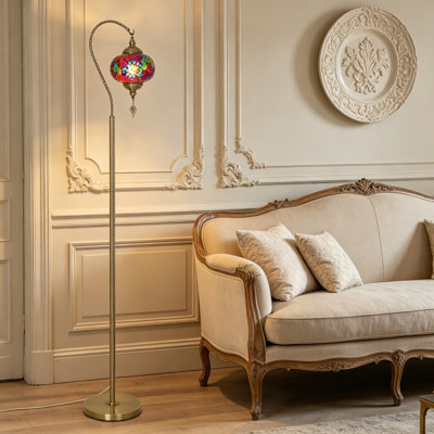 Turkish Moroccan Floor Lamp With Handmade Mosaic Glass Shade, Swan Neck Design On Bronze Base, 65-Inch Tall Standing Lamp For Living Room And Bedroom Decor