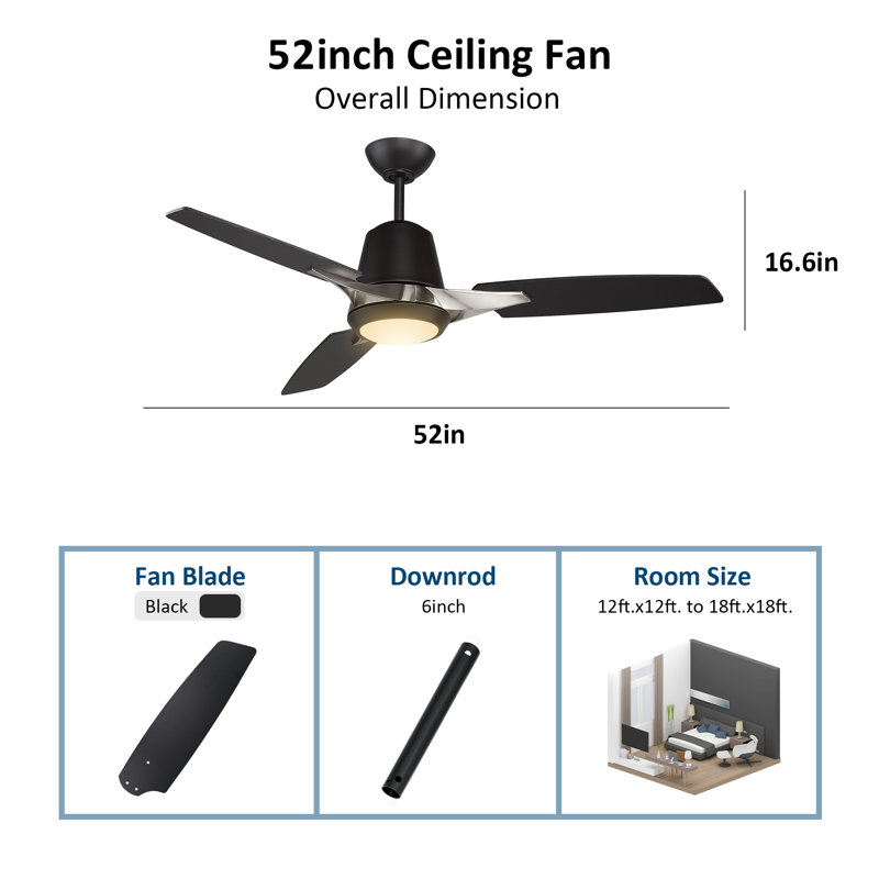 52'' Ceiling Fan with LED Lights, Black