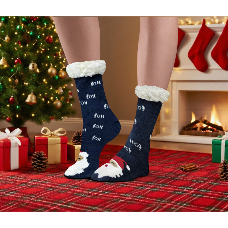 Xmas Fun Festive Fleece Lined Pair Socks Santa Navy