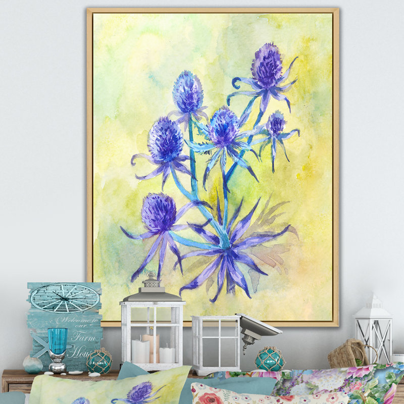 «Blue Wildflower Ernygium», art mural traditionnel sur toile, H 36 po x l 24 po x P 1 po, Cadre flottant brun