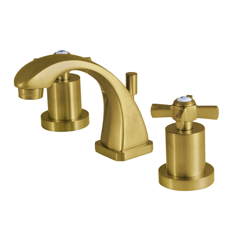 Kingston Brass Millennium Two-Handle 3-Hole Deck Mount Widespread Bathroom Faucet with Brass Pop-Up Drain, Satin Brass