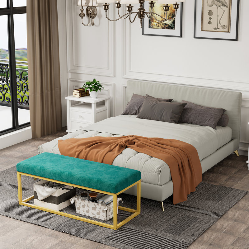 Banc de style Mid-Century moderne en cuir pu, pour vestibule, structure en acier, capacité de 600 lb, rebond haute densité, assise en cuir synthétique confortable, rembourrage moelleux et facile à assembler