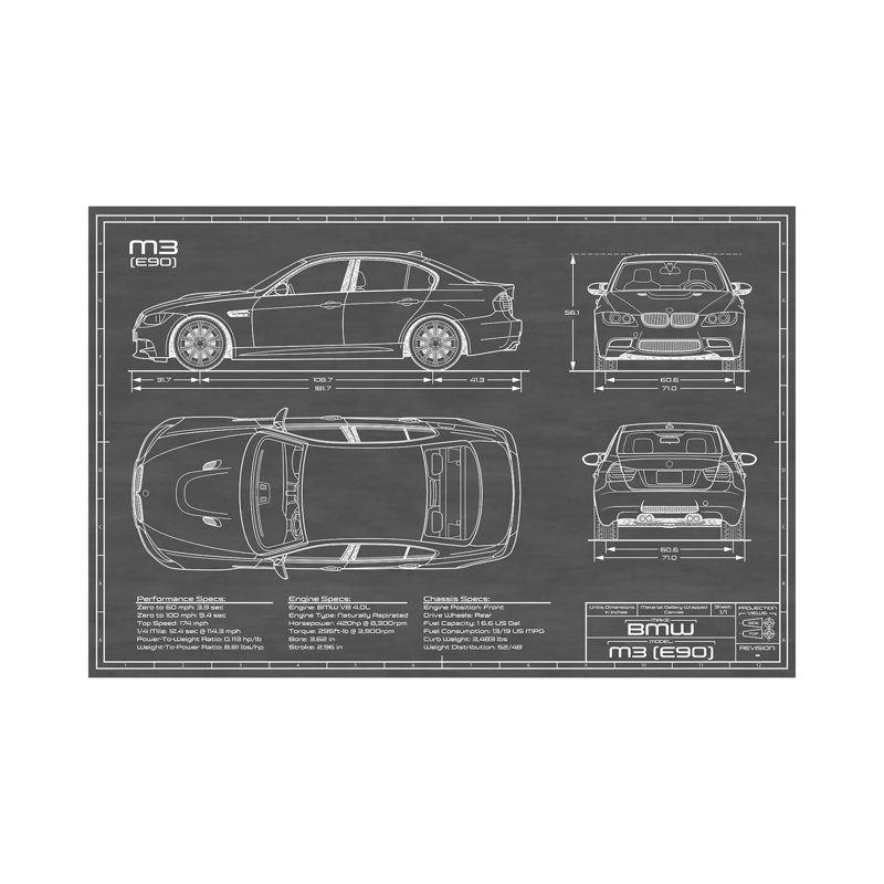"M3 (E90)" par Action Blueprints, impression sur toile tendue, H 8 po x l 12 po x P 0,75 po