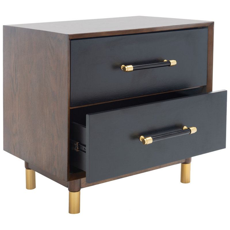 Justice Walnut & Black 2 Drawer Nightstand with Brass Accents