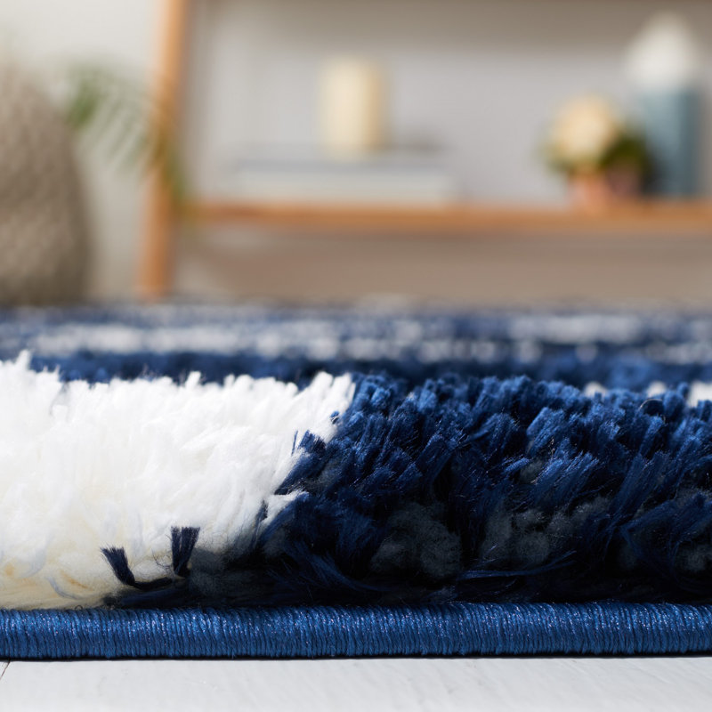 Navy and White Geometric Shag Runner Rug 2' x 9'