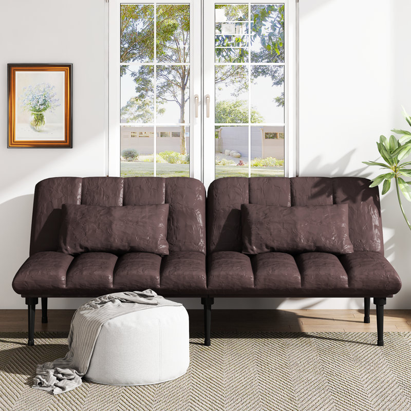 Convertible Futon Sofa Bed With 5-Angle Adjustable Backrest And 2 Pillows, Modern Style Faux Leather Folding Sleeper Couch Tufted Recliner Lounge With Metal Frame And Legs, For Living Room Home Furniture