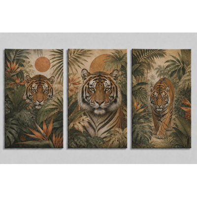 Grand ensemble de 3 reproductions d'art sur toile de la jungle tigrée, ensemble de 3 affiches d'animaux de la faune tropicale pour le décor de chambre à coucher, impression sur toile 16 x 24 pouces - prête à être accrochée