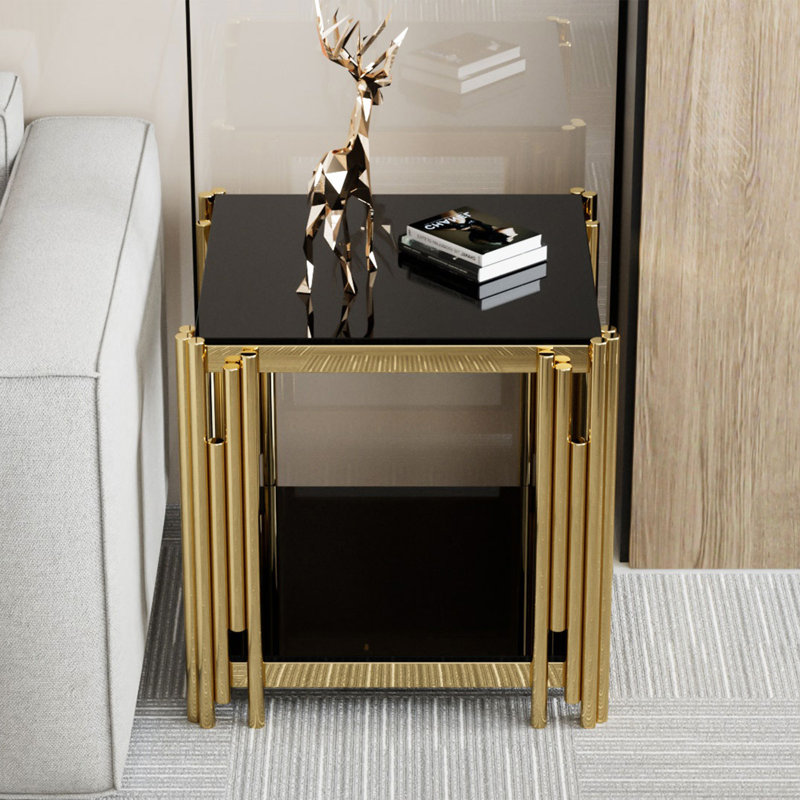 Trennedy 19.7" Wide 2-Tier Square Glass Top End Table with Storage Couch Side Table for Bedroom Living Room, Black