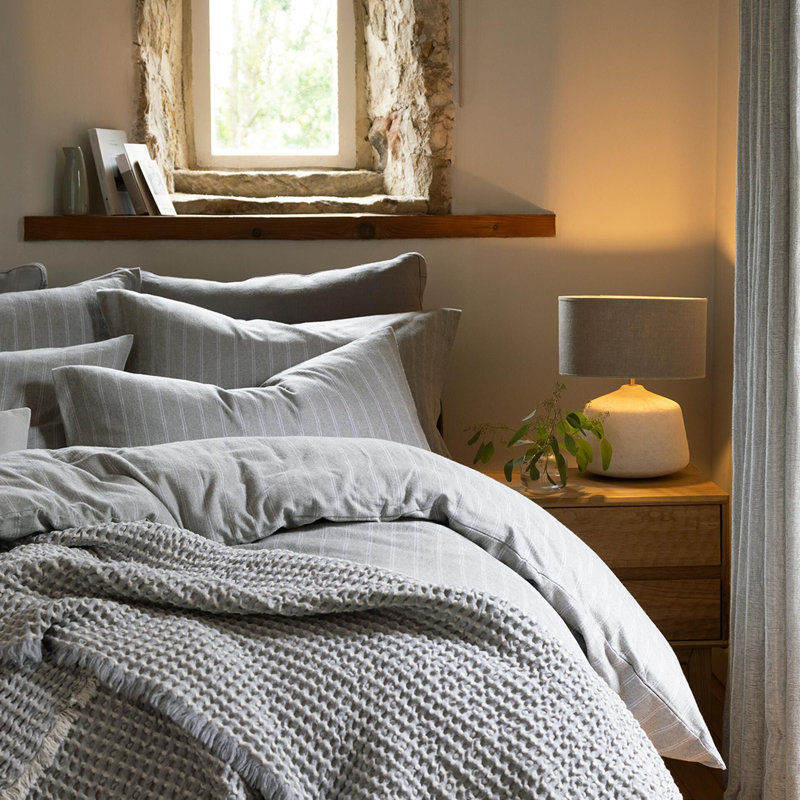 Flannel Stripe Duvet Cover Set, Queen Duvet Cover + 2 Standard Pillowcases, Silver