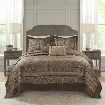 Ensemble de couvre-lit réversible 5 pièces en jacquard brun / doré