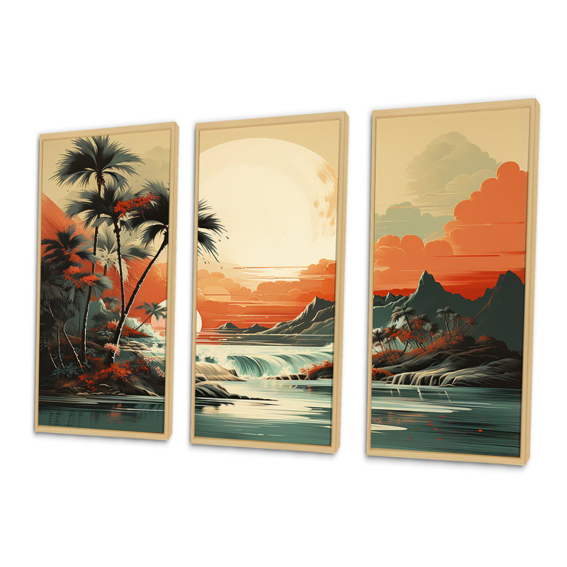 Art déco, rêves tropicaux au coucher du soleil I - Paysage abstrait, Cadre flottant brun, H 40 po x l 61 po x P 1 po