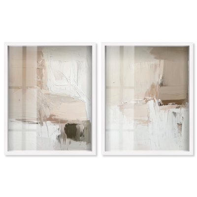 Neutral Beige and White Minimalist Shadowbox Wall Decor Set of 2 by Art Remedy, White Frame, 31 x 37