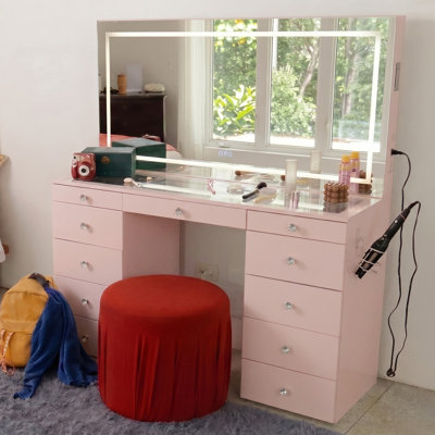 Boahaus Elara Extra-Large Vanity Desk with LED Mirror – 11 Drawer Makeup Vanity Designed as a Complete Dressing Station with Integrated Power and Speakers