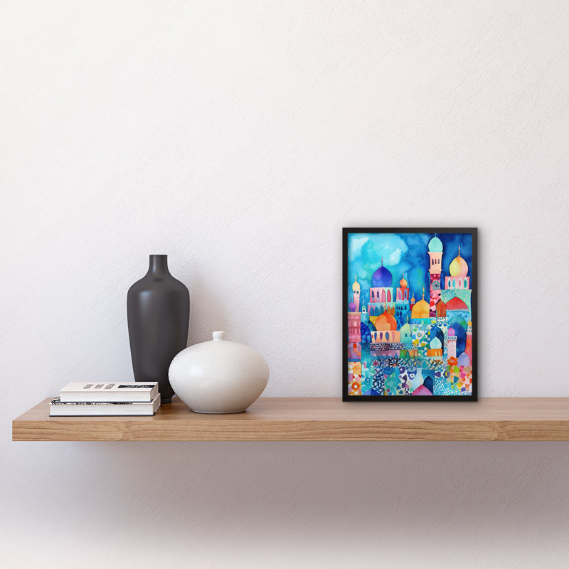 Morocco Cityscape Moonlight Folk Art Artwork Framed Wall Art Print 9X7 Inch