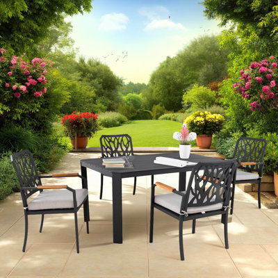 Ensemble de salle à manger 5 pièces pour l'extérieur en aluminium - Table rectangulaire avec trou pour parasol et 4 coussins brun Bourbon avec Sunbrella