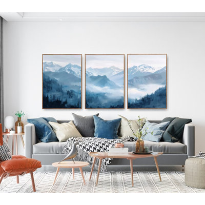 Aquarelle, impression de montagnes bleues, parc national, ensemble de 3 affiches, décor de chalet