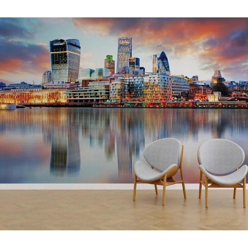 Murale Modern City Skyline Reflection, L 96 po x l 108 po