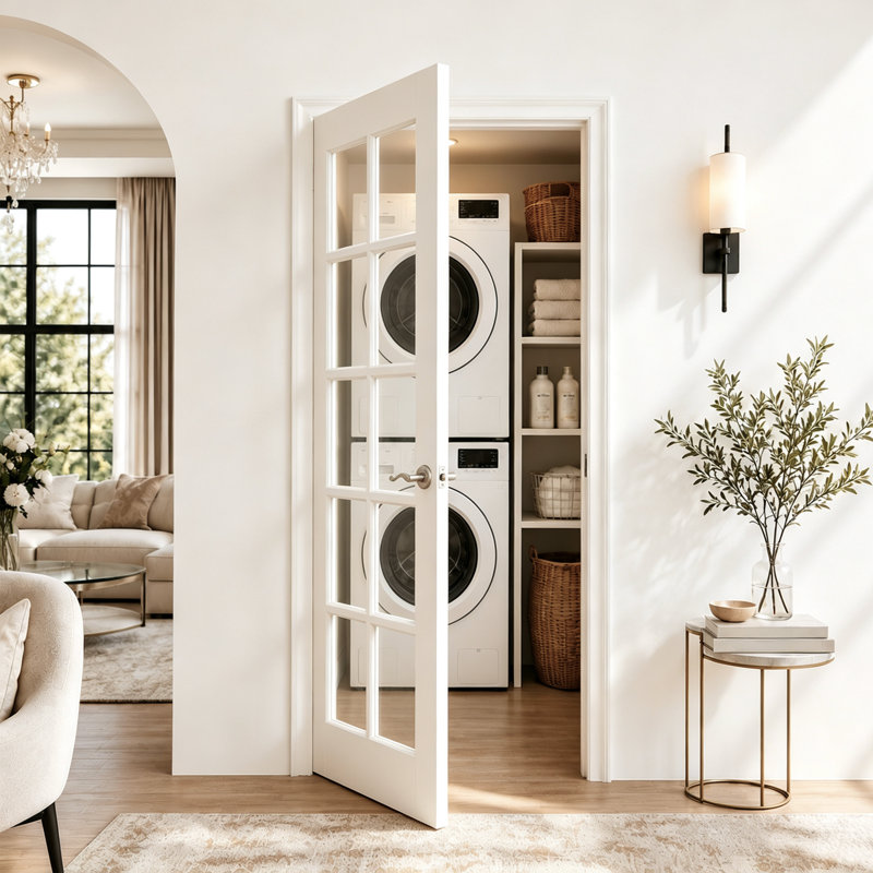 Interior Door Slab with Frame - 10 Lite Clear Glass White MDF Door, Prehung-Style Door Kit with Pre-installed Hinges, Locking Silver Handle Included, No Pre-drilled Holes