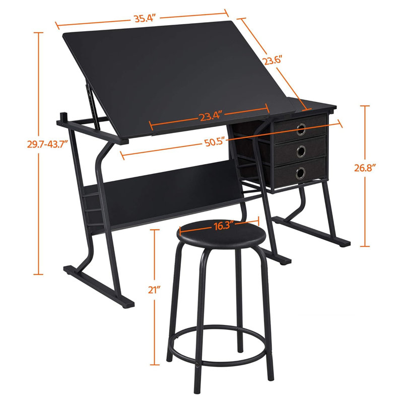 Artist Drawing Table with Stool and 3 Sliding Drawers