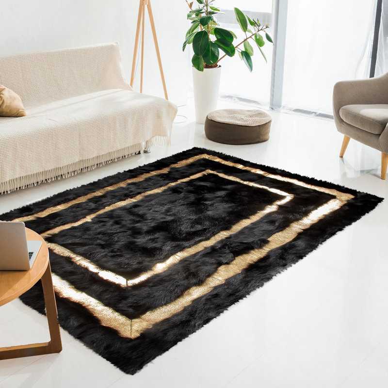 Black Tuscan Rectangular Rug With Gold Borders Genuine Tuscan Fur Carpet, Rectangle 8'10" x 12'
