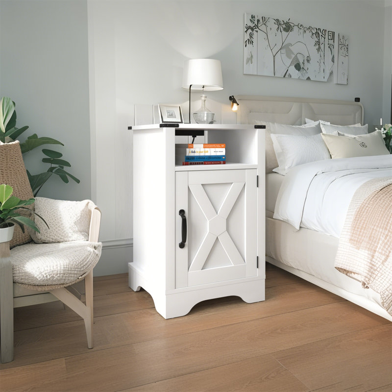 Table de chevet polyvalente en bois avec prises électriques et rangement abondant, Blanc, Individuel