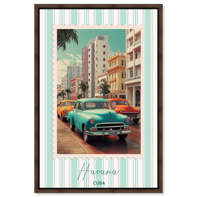 «Havana Travel Stamp», reproduction d'art sur toile par Art Remedy, cadre en noyer, 36 x 54