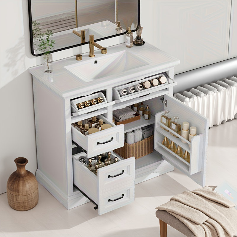 Meuble-lavabo autoportant de 36 pouces avec comptoir en céramique avec 4 tiroirs, porte à fermeture en douceur et trous de robinet pré-percés de 8 pouces (blanc)