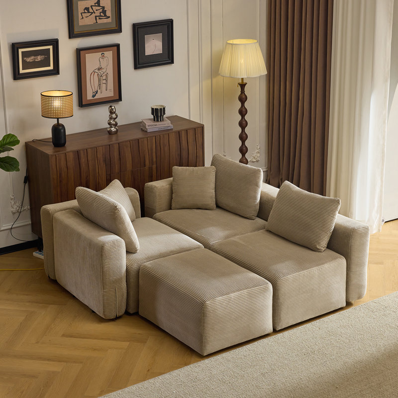 Canapé 110 po en velours côtelé moderne avec coussins moelleux, Kaki