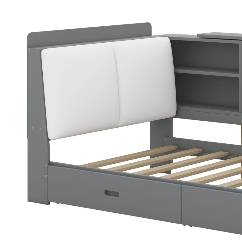 Lit plateforme en bois avec tête de lit, tablettes et tiroirs, Gris