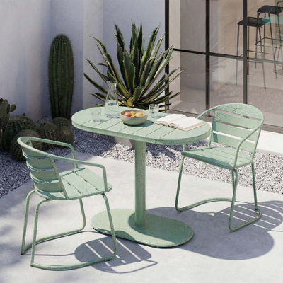 3PCS Weather-Resistant Outdoor Bistro Set, Modern Oval Table & 2 Slat Seat Design Chairs