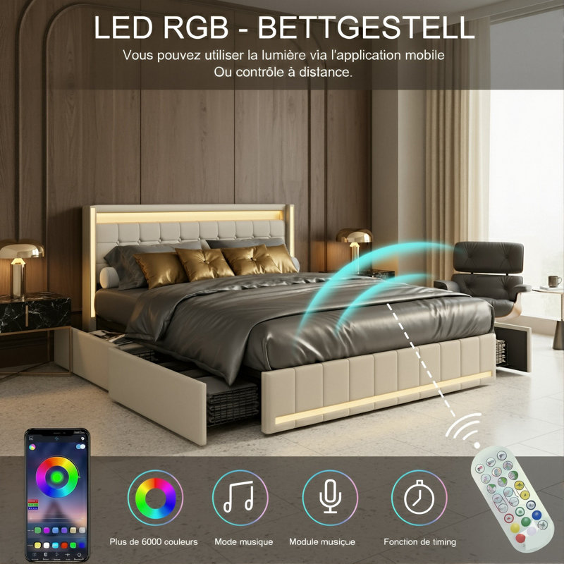 Storage Bed With 4 Drawers, USB Ports & LED Lights, Linen Upholstered Wingback Bed Frame, Grey & Beige, Beige