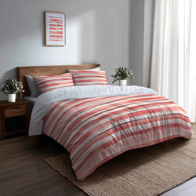 Striped 3 Pcs Duvet Cover Set - French Country Pink And Beige Stripes Duvet Cover And Throw Pillow Set