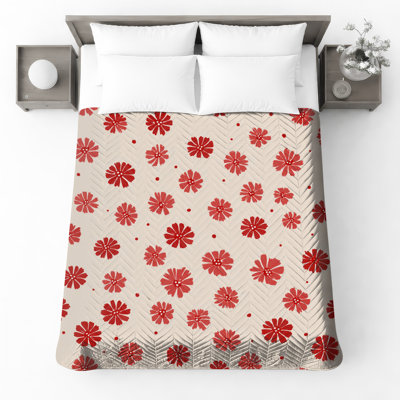 Red Floral Pattern Quilted Bedspread All Sizes