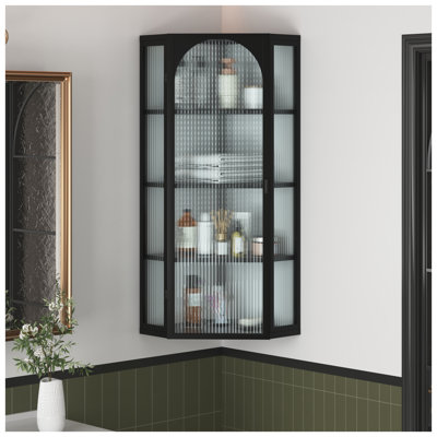 Black Metal Wall-Mounted Corner Cabinet with Ribbed Glass Door and 4-Tier Storage