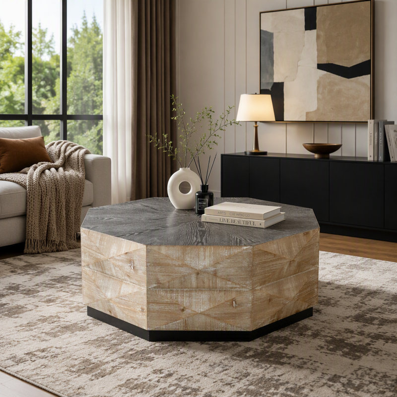 Table basse ronde rustique en bois de style rétro avec motif en relief 3D, idéale pour le salon ou la maison.