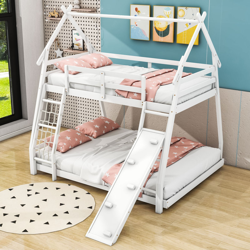 Crestside Kids Twin Over Queen Bunk Bed with Slide and Ladder, White