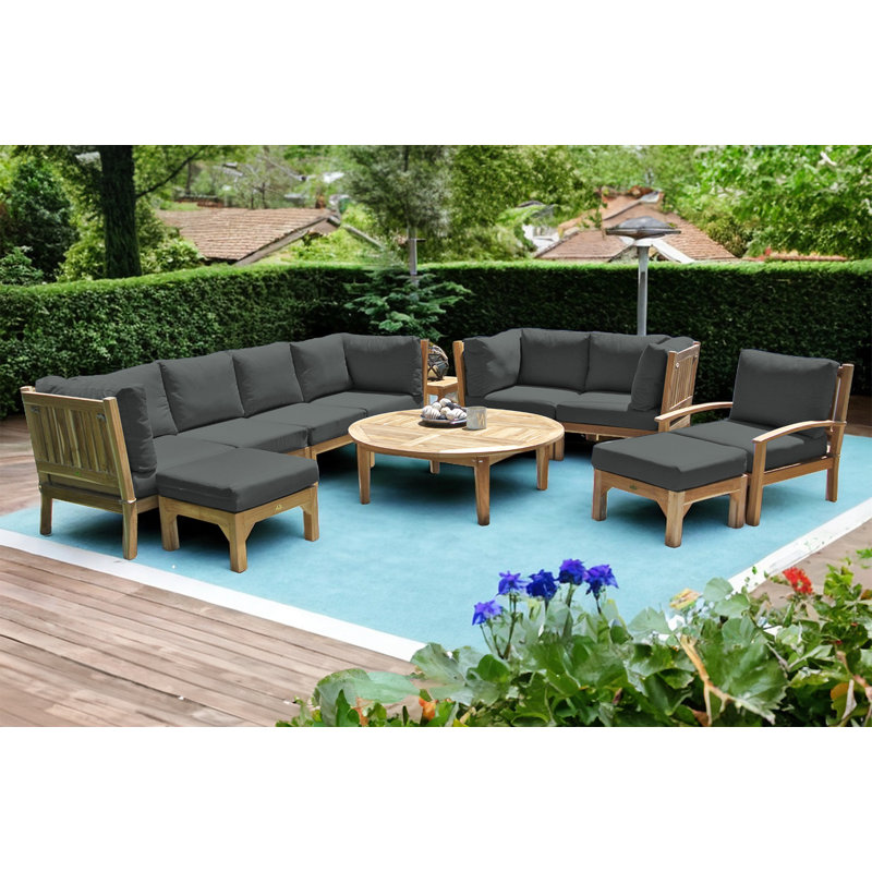 Huntington 12 Piece Teak Sectional Seating Group with Sunbrella Cushions, 11 pieces, 2 ottoman, Coal