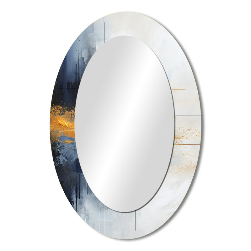 Tempête de marbre bleu et jaune VI - Miroir mural moderne ovale, 36 po x 24 po