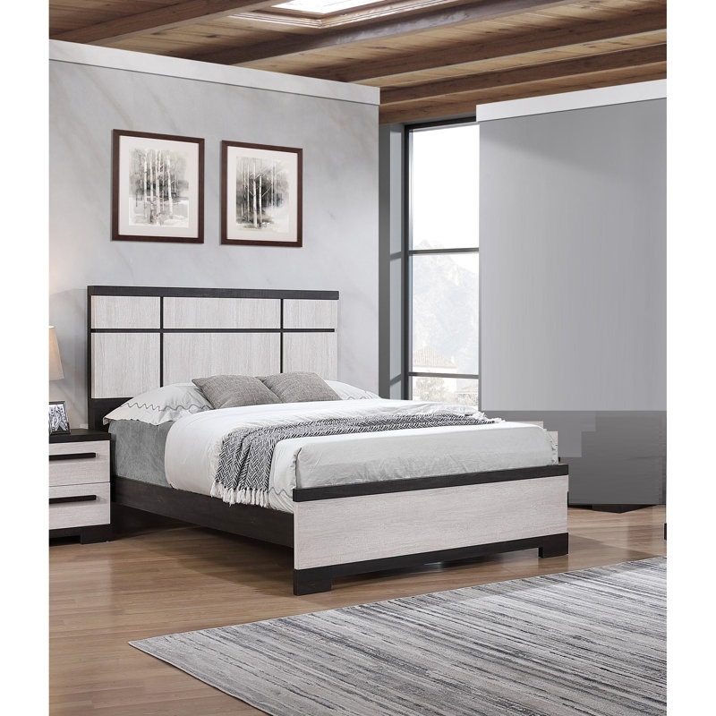 Moderne, cadre de grand lit, tête de lit à deux tons géométrique saisissante, couleurs ébène et crème, style transitionnel, pour chambre à coucher, assemblage transitionnel simple, lit, craie accrocheuse