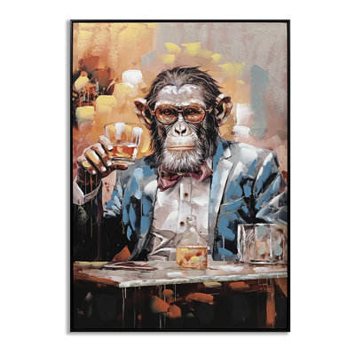 Art mural sur toile Chimpanzee with Drink - 28 po x 40 po - cadre noir