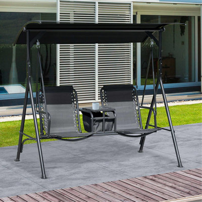 2 balançoires de patio. Auvent extérieur avec table de rangement et porte-gobelet. Abat-jour réglable, matériau. Convient à 2 adultes, 264 lb par siège. Balancelle noire pour loisirs, toit et porte-gobelet - structure en acier