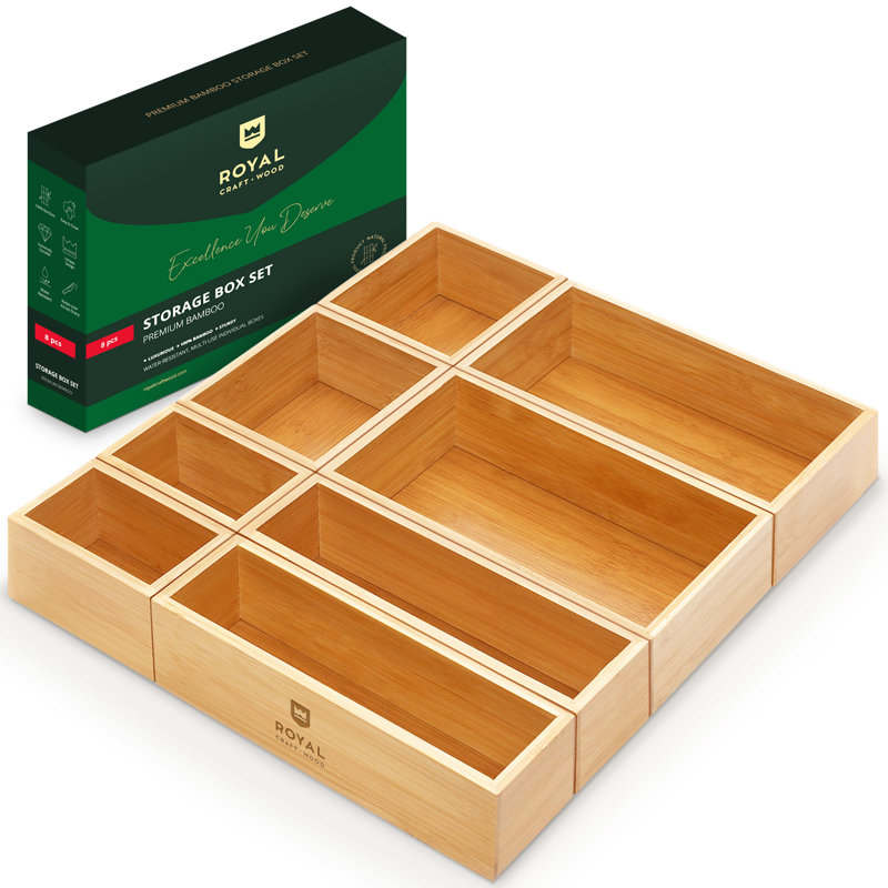 Luxury Bamboo Storage Box, Bin Set - Multi-Use Drawer Organizer (Set Of 8)